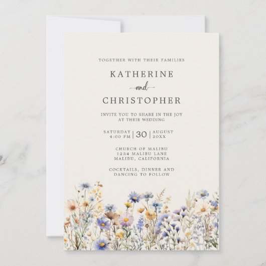 Invitation Budget Dusty Blue Floral Ivory All-In-One Mariage (Devant)