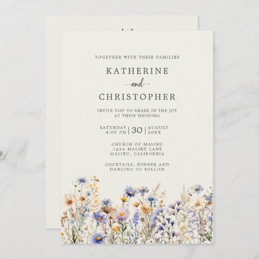Invitation Budget Dusty Blue Floral Ivory All-In-One Mariage (Devant / Derrière)