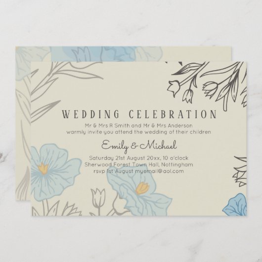 Invitation BUDGET Dusty Blue Poppy Magnolia Mariage Invitatio (Devant / Derrière)