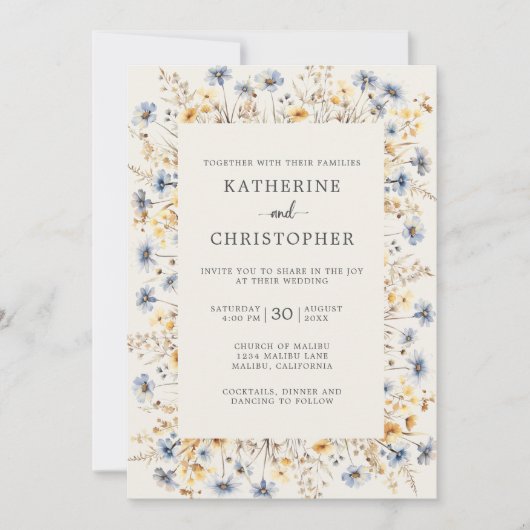 Invitation Budget Dusty Fleur sauvage bleu tout en un Mariage (Devant)