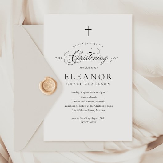 Invitation Budget Élégant Cross Calligraphy Christening