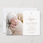 Invitation Budget Elégant Cross Calligraphy Photo Baptême (Devant)