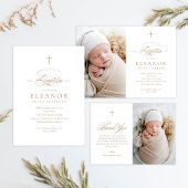 Invitation Budget Elégant Cross Calligraphy Photo Baptême