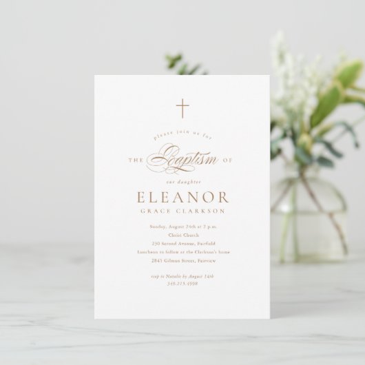 Invitation Budget Elegant Gold Cross Calligraphie Baptême (Debout devant)