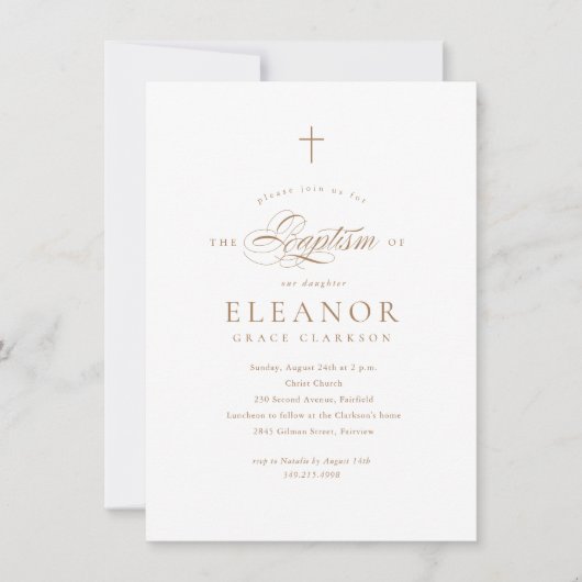 Invitation Budget Elegant Gold Cross Calligraphie Baptême (Devant)