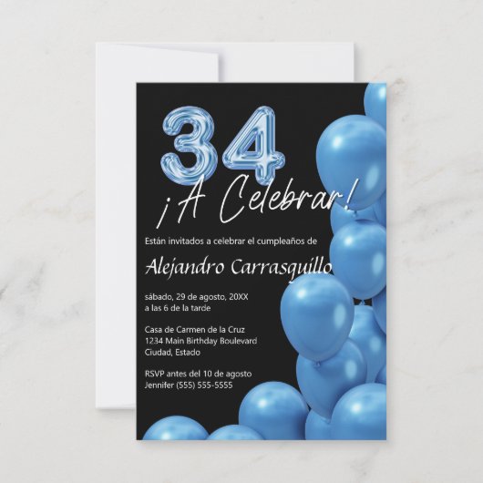 Invitation Budget Espagnol Ballons Bleus Noir 34e anniversair (Devant)