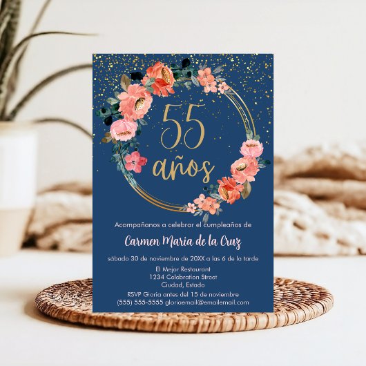 Invitation Budget Espagnol Beau or Floral 55e anniversaire