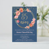 Invitation Budget Espagnol Bleu Or Rose Floral 85e anniversai (Debout devant)