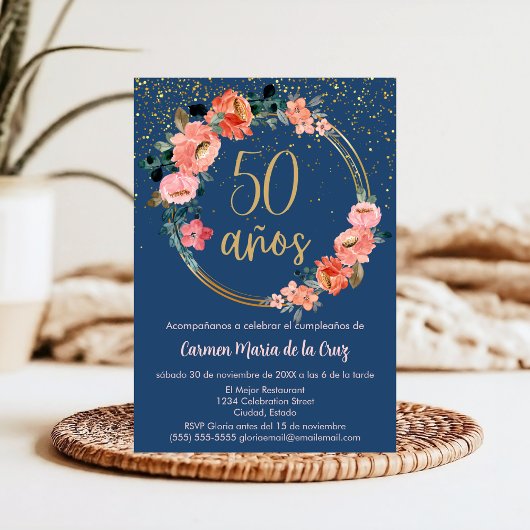Invitation Budget espagnol Elégant bleu floral 50e anniversai