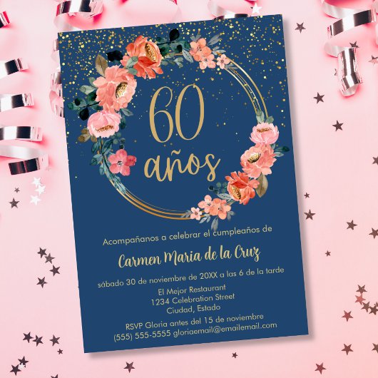 Invitation Budget Espagnol élégant Floral 60e fête d'annivers
