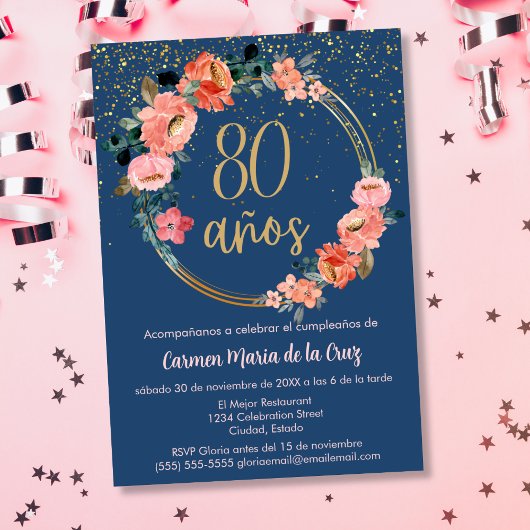 Invitation Budget Espagnol élégant Floral 80e fête d'annivers