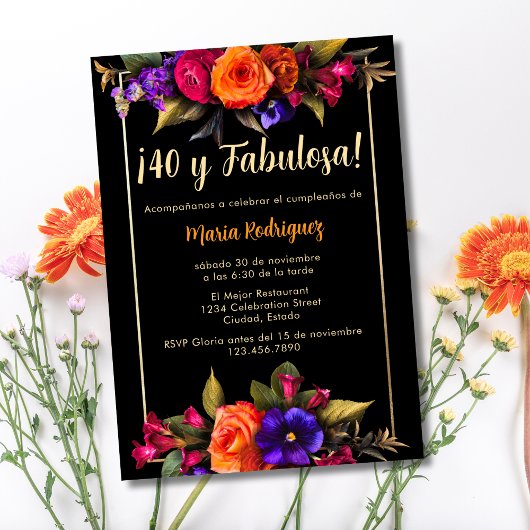 Invitation Budget Espagnol Élégant Florals Noir 40e anniversa