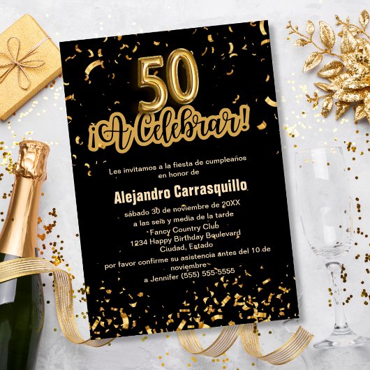 Invitation Budget Espagnol Noir & Or Confetti 50e anniversair