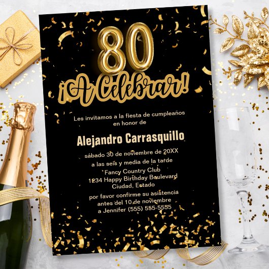 Invitation Budget Espagnol Noir & Or Confetti 80e anniversair