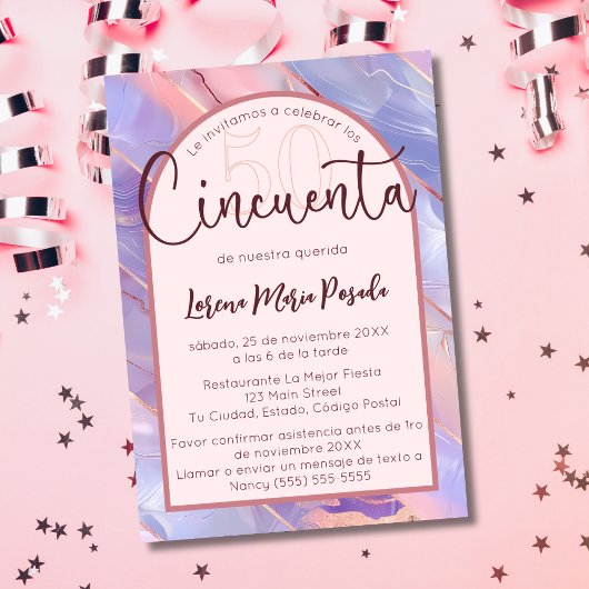 Invitation Budget espagnol violet rose âge 50e anniversaire