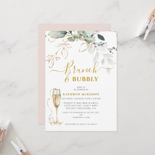 Invitation Budget Eucalyptus Gold Rose Blush Fête des mariées (Devant/Arrière en situation)