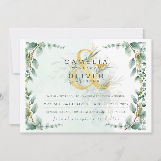 Invitation BUDGET Eucalyptus Verdure Or Mariage QR CODE IN (Devant)