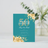Invitation Budget Floral Anniversaire Fête Elégant Or & Turqu (Debout devant)