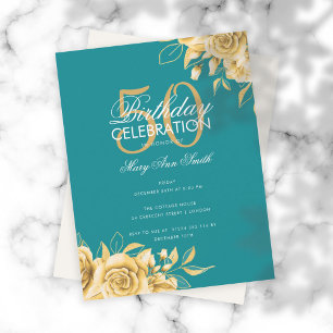 Invitation Budget Floral Anniversaire Fête Elégant Or & Turqu