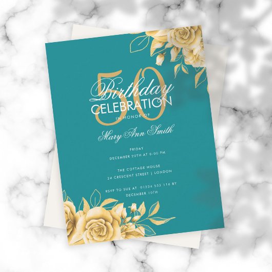 Invitation Budget Floral Anniversaire Fête Elégant Or & Turqu