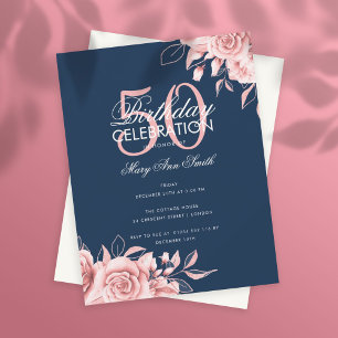 Invitation Budget Floral fête d'anniversaire Rose Gold Navy