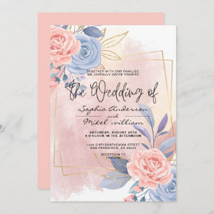 Invitation Budget Floral or bleu et rose mariage de pinceau