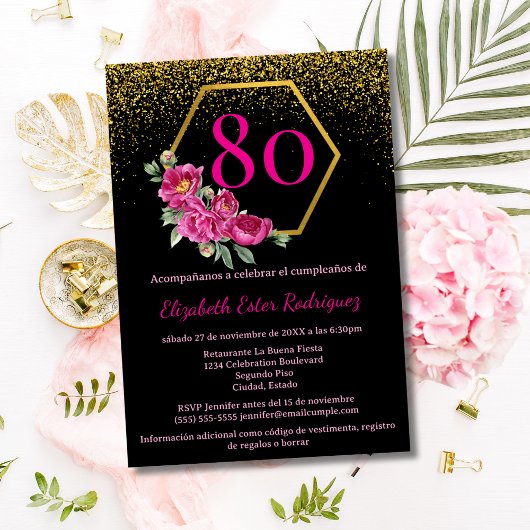 Invitation Budget Glam noir or rose 80e anniversaire