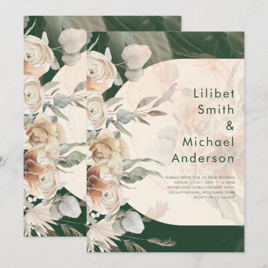 Invitation BUDGET Green BOHO Terracotta Floral Mariage (Devant / Derrière)