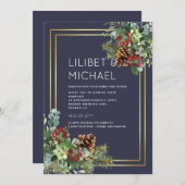 Invitation BUDGET Hiver Baies rouges Pine Cônes Mariage (Devant / Derrière)