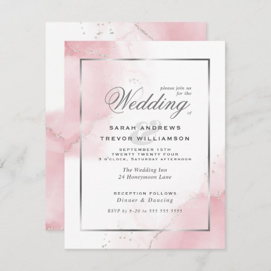 Invitation Budget Mariage Blush Pink Silver Abstrait (Devant / Derrière)