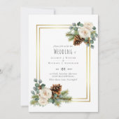 Invitation BUDGET Mariage d'hiver Roses blanches Or Dusty Ble (Devant)