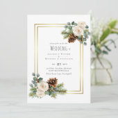 Invitation BUDGET Mariage d'hiver Roses blanches Or Dusty Ble (Debout devant)