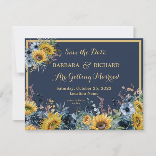 Invitation Budget Marine Blue Sunflower Floral Date d'enregis (Devant)