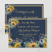 Invitation Budget Marine Blue Sunflower Floral Date d'enregis (Devant / Derrière)