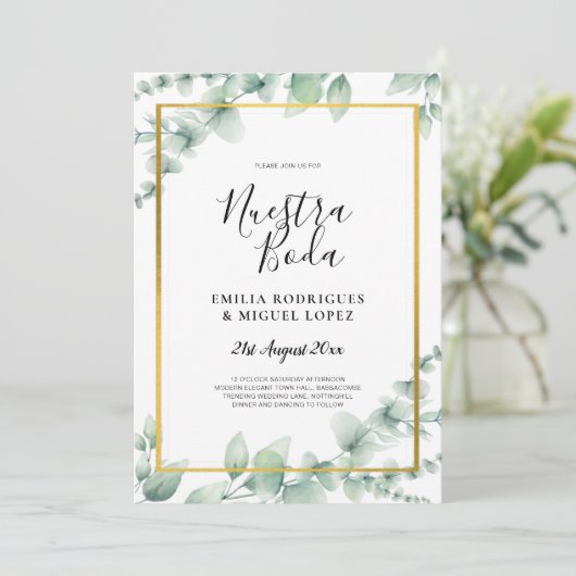Invitation BUDGET NUESTRA BODA Eucalyptus GOLD QR CODE Flye (Debout devant)