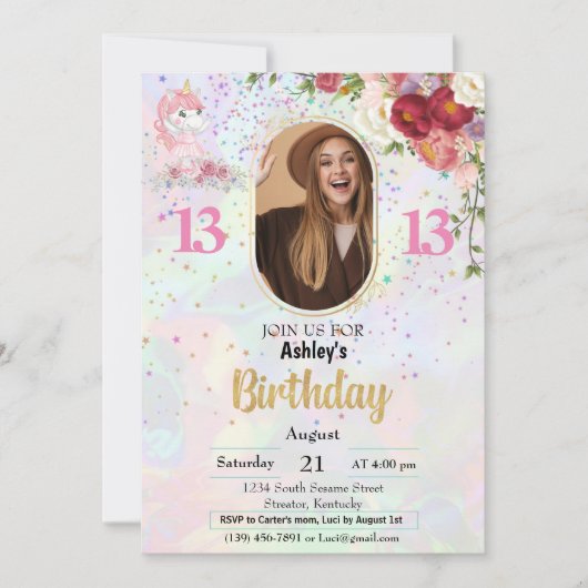 Invitation BUDGET Pink Photo 13e anniversaire (Devant)