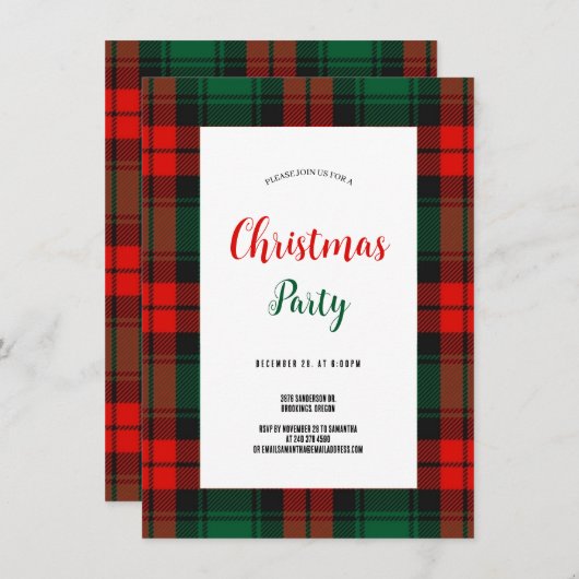 Invitation Budget Plaid Retro Script red and green Christmas  (Devant / Derrière)