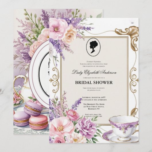 Invitation Budget Purple Florals Bridgerton Bridal Shower (Devant / Derrière)