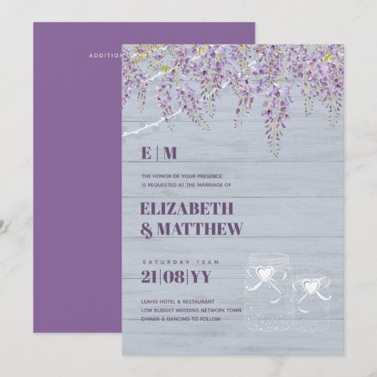 Invitation Budget Purple Wisteria Dusty Blue Mariage (Devant / Derrière)