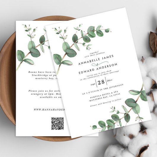 Invitation Budget QR code Aquarelle Eucalyptus botanique