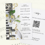 Invitation Budget QR RSVP Rose Music Themed Wedding<br><div class="desc">Wedding invitation featuring a modern elegant design with a guitar and piano keys with gold stylized musical notes and fresh white roses. This invitation has an RSVP area on the back with your own QR code.</div>
