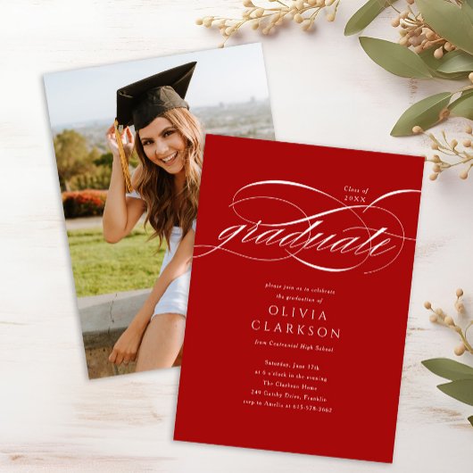 Invitation Budget Red Elegant Script Photo Graduation Party