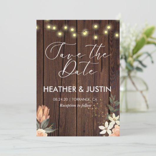 Invitation Budget Rustic Script String Lights & Lace Wedding (Debout devant)
