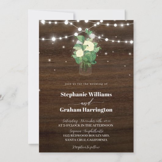 Invitation Budget Rustic Script String Lights & Lace Wedding (Devant)
