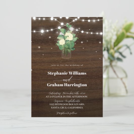 Invitation Budget Rustic Script String Lights & Lace Wedding (Debout devant)
