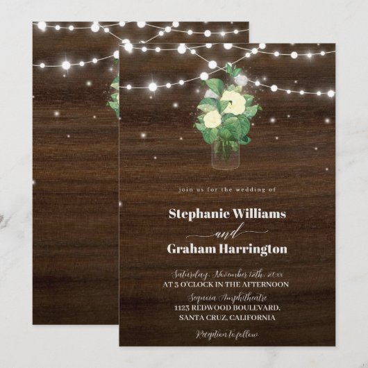 Invitation Budget Rustic Script String Lights & Lace Wedding (Devant / Derrière)