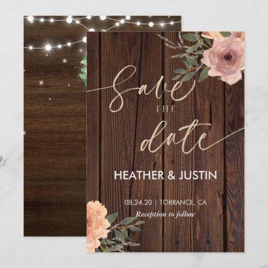 Invitation Budget Rustic Script String Lights & Lace Wedding (Devant / Derrière)