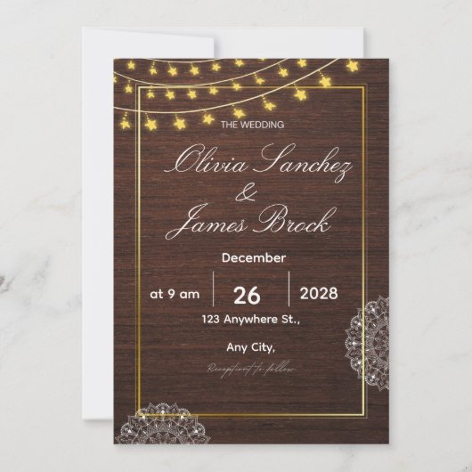 Invitation Budget Rustic String Lights and wood wedding (Devant)