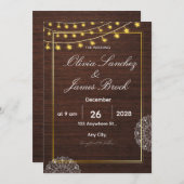 Invitation Budget Rustic String Lights and wood wedding (Devant / Derrière)