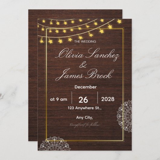 Invitation Budget Rustic String Lights and wood wedding  (Devant / Derrière)